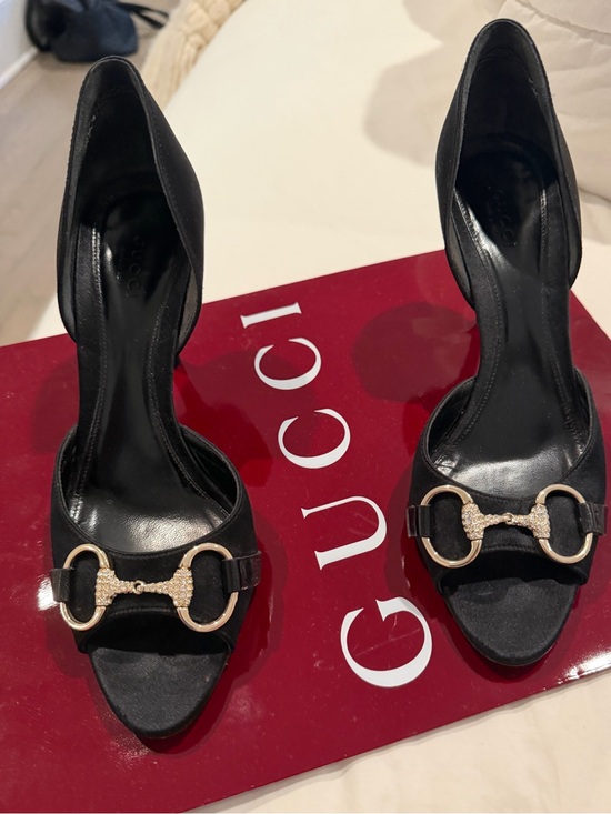 Gucci Shoes - Gucci Black Satin Open-Toe Heels with Gold Crystal Horsebit